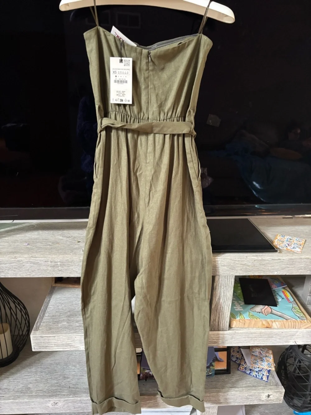 Zara Olive Green Linen-Blend Belted Spaghetti-Strap Jumpsuit